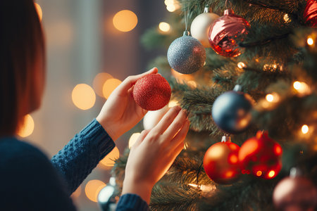 Closeup of woman's hand holding christmas bauble on christmas treeの素材