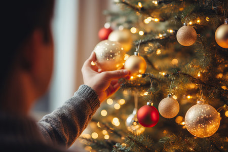 Closeup of woman's hand holding christmas bauble on christmas treeの素材