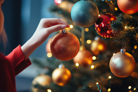 Closeup of woman's hand holding christmas bauble on christmas treeの素材