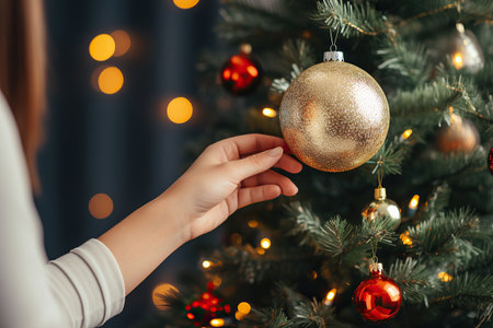 Closeup of woman's hand holding christmas bauble on christmas treeの素材