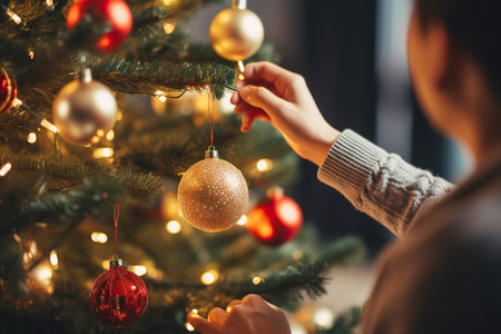 Closeup of woman's hand holding christmas bauble on christmas treeの素材
