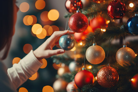 Closeup of woman's hand holding christmas bauble on christmas treeの素材