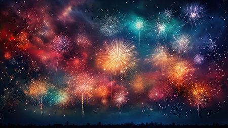 Colorful fireworks and celebration cityscape at night. New Year and Christmas conceptの素材