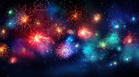 Colorful fireworks and celebration cityscape at night. New Year and Christmas conceptの素材