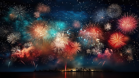 Colorful fireworks and celebration cityscape at night. New Year and Christmas conceptの素材