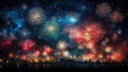 Colorful fireworks and celebration cityscape at night. New Year and Christmas conceptの素材