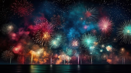 Colorful fireworks and celebration cityscape at night. New Year and Christmas conceptの素材