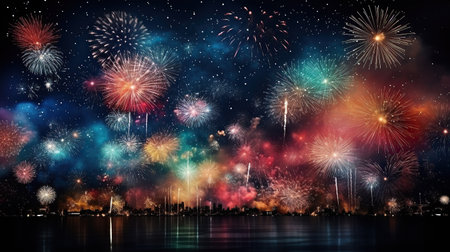 Colorful fireworks and celebration cityscape at night. New Year and Christmas conceptの素材
