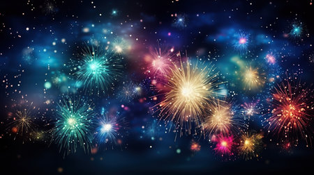 Colorful fireworks and celebration cityscape at night. New Year and Christmas conceptの素材