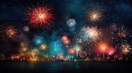 Colorful fireworks and celebration cityscape at night. New Year and Christmas conceptの素材