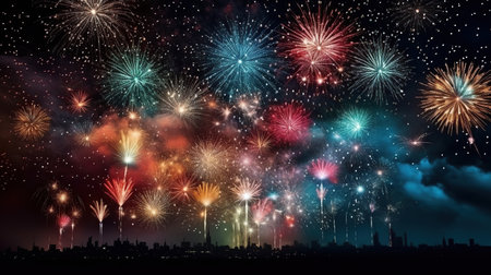 Colorful fireworks and celebration cityscape at night. New Year and Christmas conceptの素材
