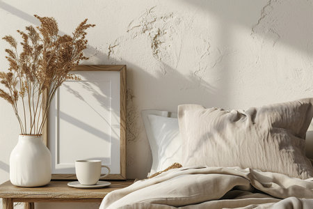 Mock up blank frame in Modern bedroom Stylish interior with mock up poster frame, coffee cups and pampas grass on bedの素材