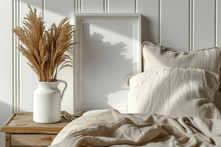 Mock up blank frame in Modern bedroom Stylish interior with mock up poster frame, coffee cups and pampas grass on bedの素材
