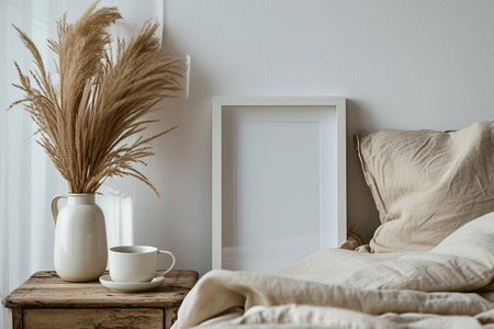 Mock up blank frame in Modern bedroom Stylish interior with mock up poster frame, coffee cups and pampas grass on bedの素材