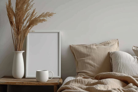 Mock up blank frame in Modern bedroom Stylish interior with mock up poster frame, coffee cups and pampas grass on bedの素材