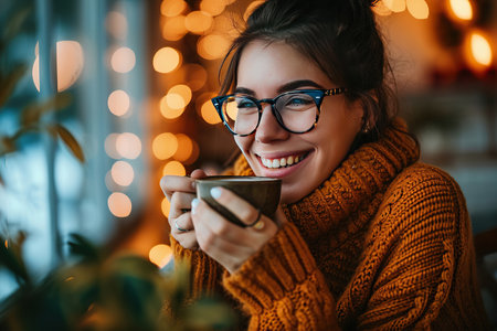 Beautiful young woman in a warm knitted sweater with a cup of coffee in her handsの素材