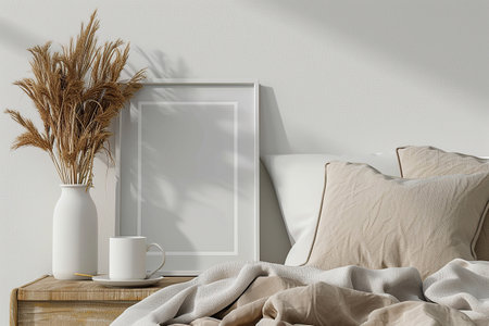 Mock up blank frame in Modern bedroom Stylish interior with mock up poster frame, coffee cups and pampas grass on bedの素材