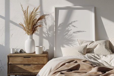 Mock up blank frame in Modern bedroom Stylish interior with mock up poster frame, coffee cups and pampas grass on bedの素材