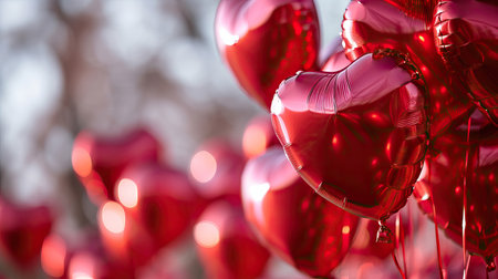 Red heart shaped balloons on stylish background. Valentine's Day conceptの素材