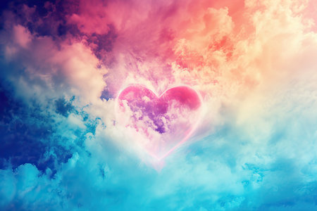 Colorful sky Heart shaped cloud background, valentines day conceptの素材