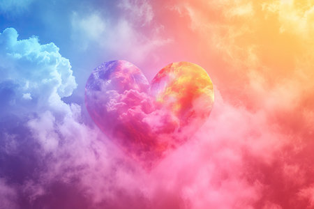 Colorful sky Heart shaped cloud background, valentines day conceptの素材