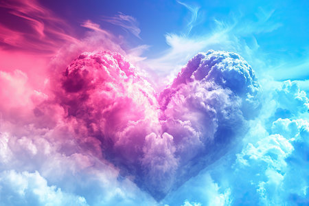 Colorful sky Heart shaped cloud background, valentines day conceptの素材