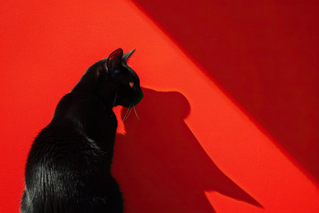 Black cat on a red background. The cat sits on a red backgroundの素材