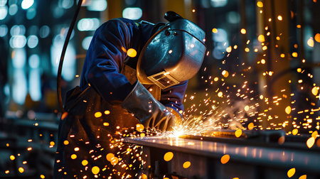 Industrial worker using torch to welding metal in factory, closeupの素材