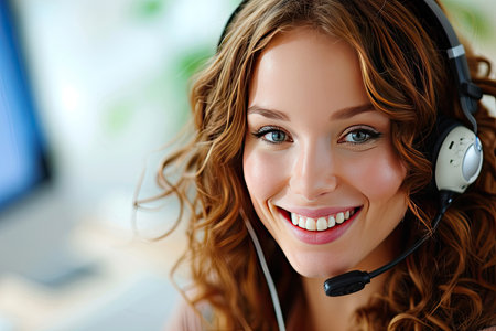 Portrait of a beautiful young female customer support phone operator in headsetの素材