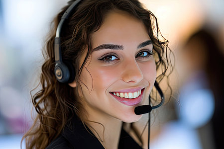 Portrait of a beautiful young female customer support phone operator in headsetの素材