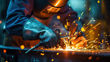 Industrial worker using torch to welding metal in factory, closeupの素材