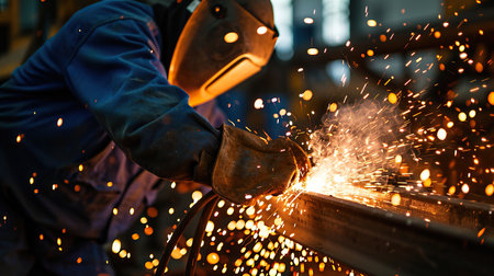 Industrial worker using torch to welding metal in factory, closeupの素材