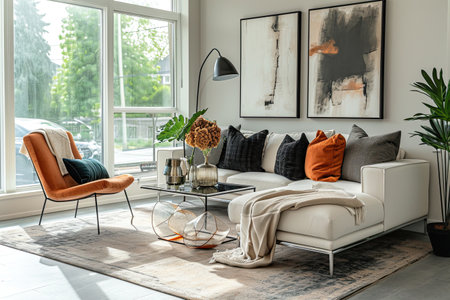 Interior of modern living room with white sofa, coffee table, plant, pillows and postersの素材