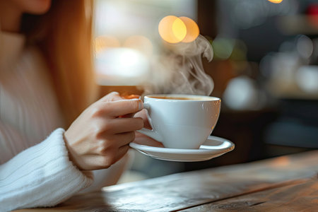 Woman holding cup of coffee in cafe. Close up of female hands with hot drinkの素材