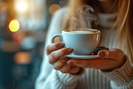 Woman holding cup of coffee in cafe. Close up of female hands with hot drinkの素材