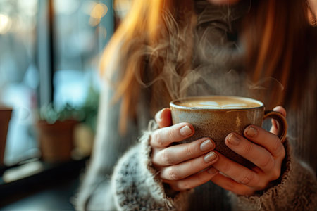 Woman holding cup of coffee in cafe. Close up of female hands with hot drinkの素材