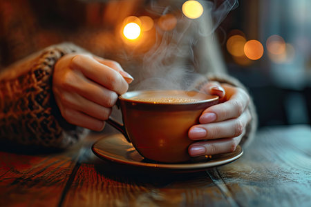 Woman holding cup of coffee in cafe. Close up of female hands with hot drinkの素材