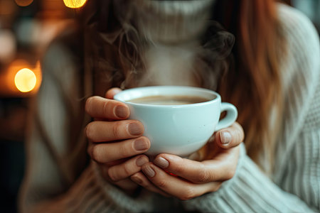 Woman holding cup of coffee in cafe. Close up of female hands with hot drinkの素材
