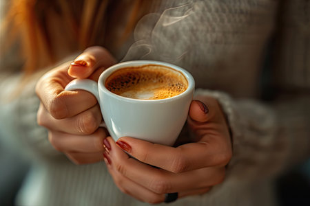 Woman holding cup of coffee in cafe. Close up of female hands with hot drinkの素材