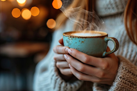Woman holding cup of coffee in cafe. Close up of female hands with hot drinkの素材