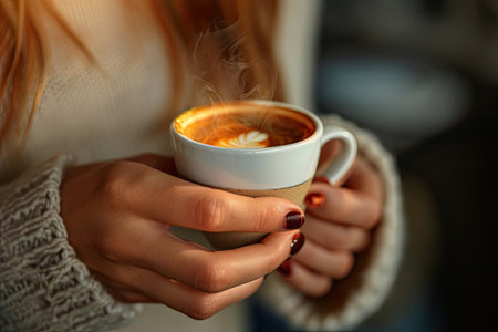 Woman holding cup of coffee in cafe. Close up of female hands with hot drinkの素材