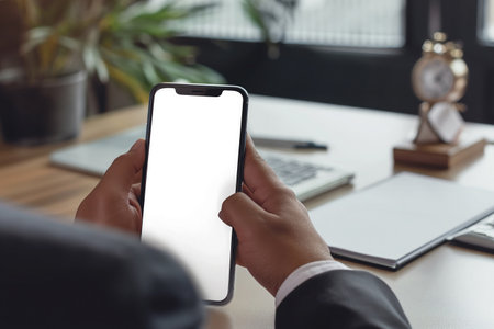 Businessman using mobile phone with a blank screen. modern communication technologyの素材