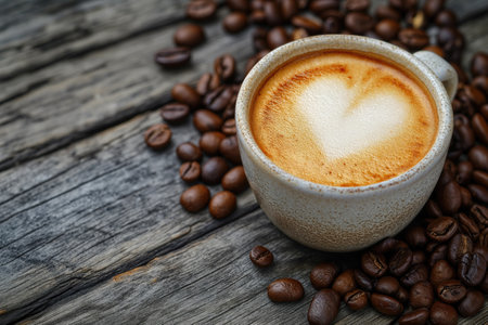 Coffee cup with heart shape latte art and coffee beans on old wood background with copy spaceの素材