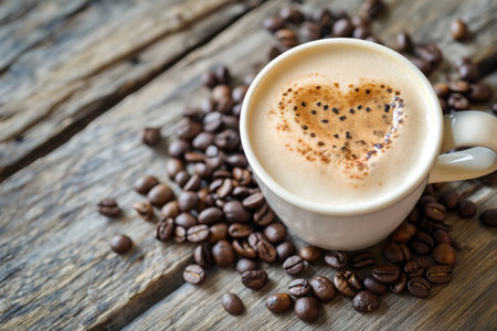 Coffee cup with heart shape latte art and coffee beans on old wood background with copy spaceの素材