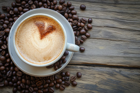 Coffee cup with heart shape latte art and coffee beans on old wood background with copy spaceの素材