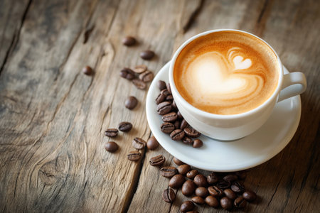 Coffee cup with heart shape latte art and coffee beans on old wood background with copy spaceの素材