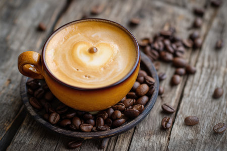Coffee cup with heart shape latte art and coffee beans on old wood background with copy spaceの素材