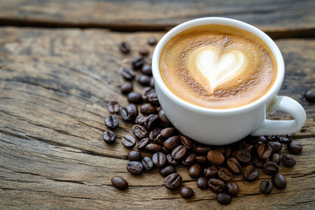 Coffee cup with heart shape latte art and coffee beans on old wood background with copy spaceの素材