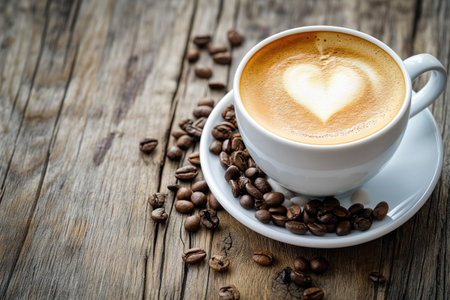 Coffee cup with heart shape latte art and coffee beans on old wood background with copy spaceの素材