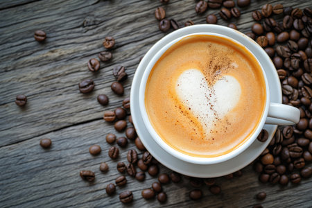 Coffee cup with heart shape latte art and coffee beans on old wood background with copy spaceの素材